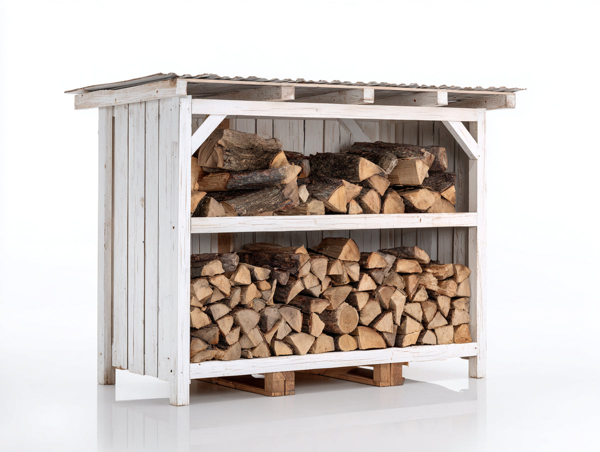 Leñero de jardín - estructura de madera 160 x 75 x 155 cm - blanco - diseño abierto con techo inclinado y 2 niveles