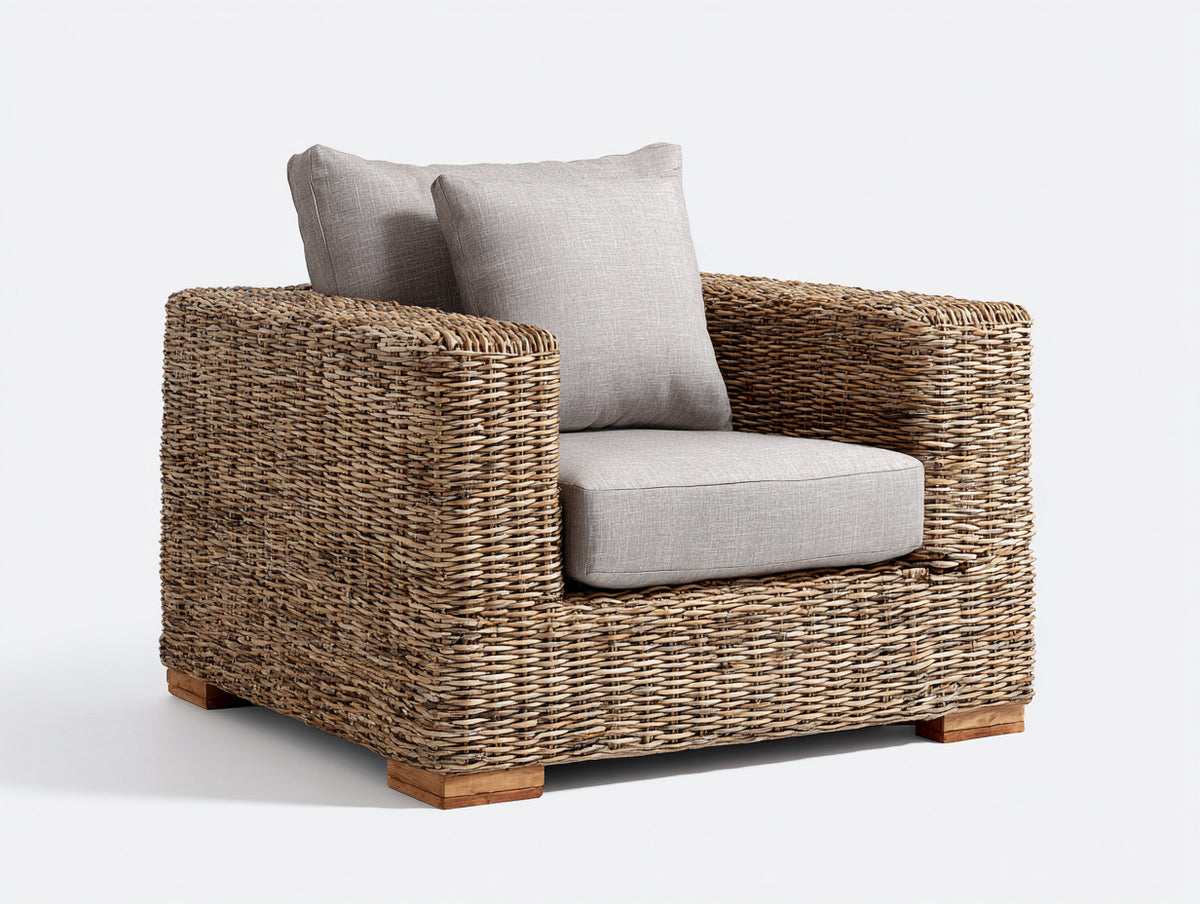 Sillones de ratán - estructura trenzada 94 x 90 x 85 cm - marrón-gris claro - diseño moderno con reposabrazos anchos