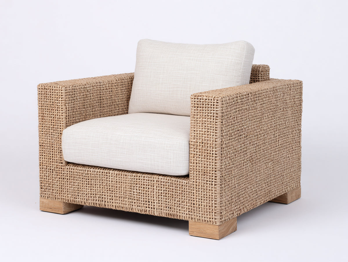 Sillón de ratán 103x93x83 cm - Ratán natural-Blanco roto - Diseño moderno con tejido uniforme