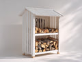 Leñero de jardín de madera 115x65x170 cm - blanco - diseño rústico con cubierta a dos aguas y almacenamiento en 2 niveles para exterior