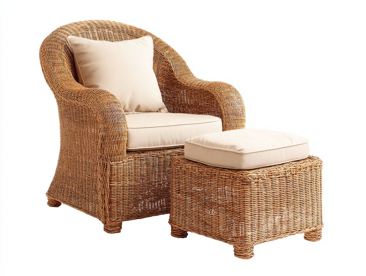 Conjunto de sillón de ratán y reposapiés 92x88x98 cm - Marrón miel y beige - Diseño envolvente con asiento acolchado