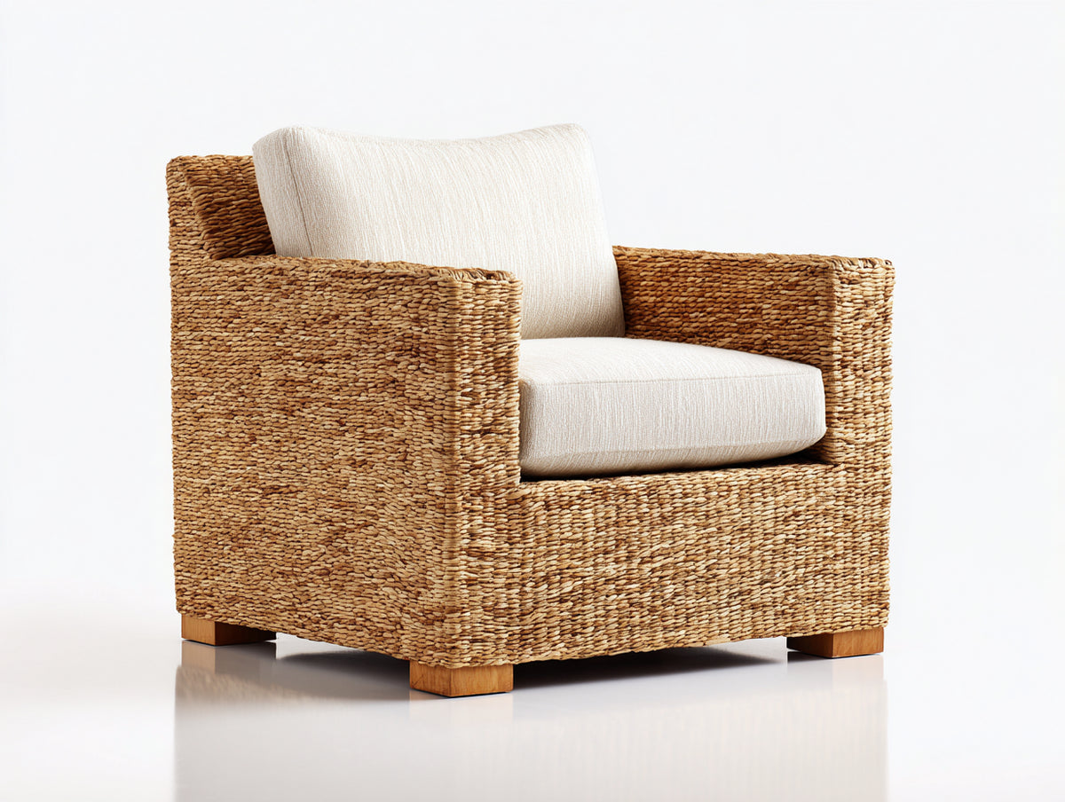 Sillón de ratán 101x91x83 cm - Ratán natural-Blanco roto - Diseño moderno con reposabrazos rectos