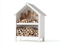 Leñero de jardín - estructura de madera 120 x 70 x 180 cm - blanco - diseño con techo inclinado y 2 niveles