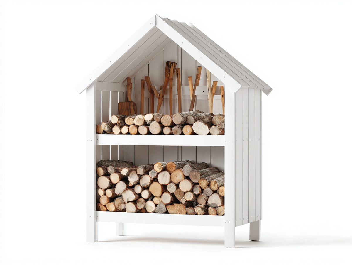 Leñero de jardín - estructura de madera 120 x 70 x 180 cm - blanco - diseño con techo inclinado y 2 niveles