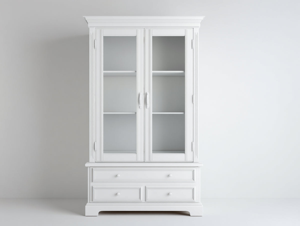 Vitrina de madera con 2 puertas de cristal y 3 cajones 110x45x200 cm - Blanco - Diseño clásico