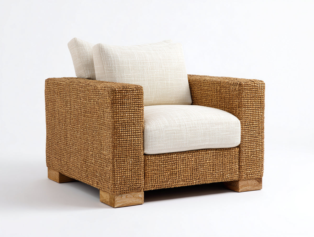 Sillón de ratán natural 90x86x80 cm - Marrón miel y crema - Asiento acolchado y diseño envolvente