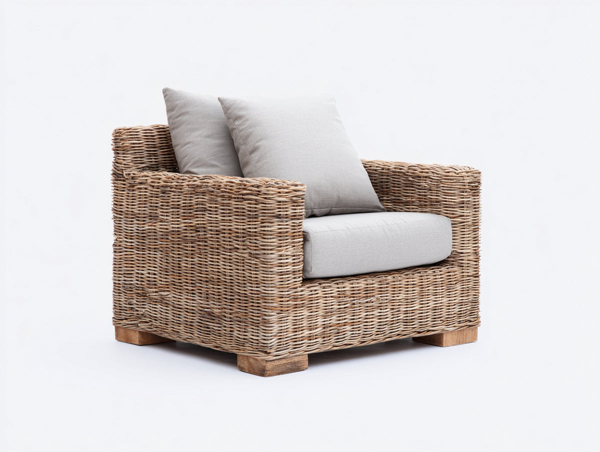 Sillón de ratán natural 90x86x80 cm - Marrón y gris claro - Asiento acolchado y diseño envolvente