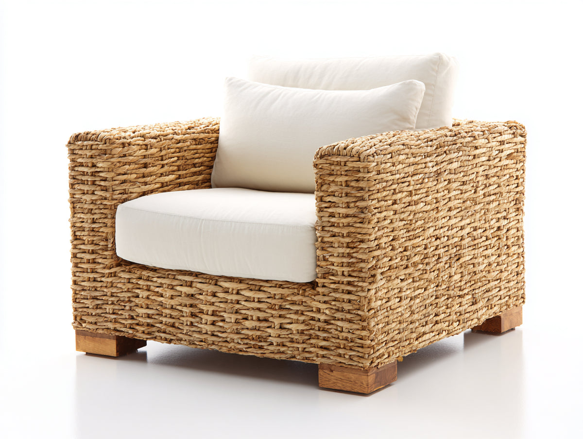 Sillón de ratán 104x94x84 cm - Ratán natural-Blanco roto - Diseño moderno con reposabrazos rectos