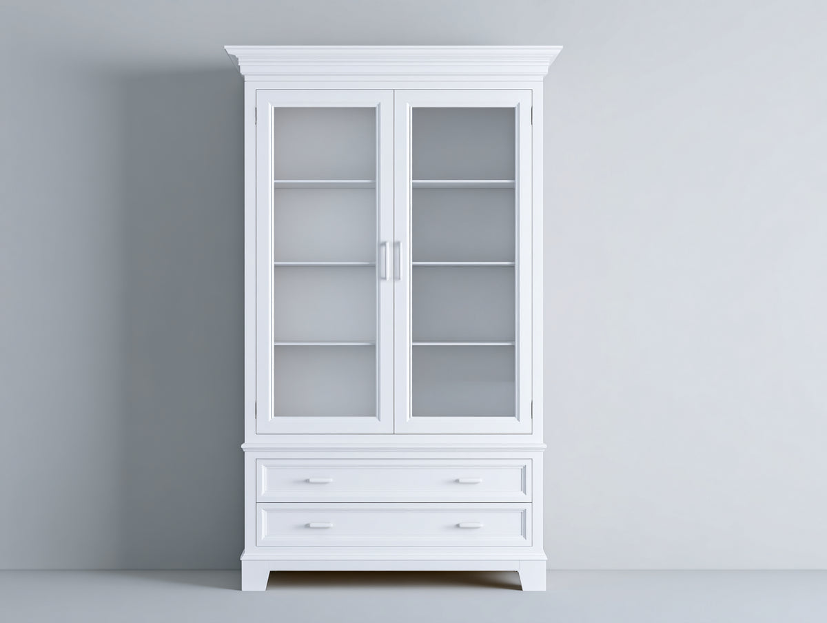Vitrina de madera 110x45x195 cm - blanco - diseño clásico con 2 puertas de cristal y 2 cajones para salón y comedor