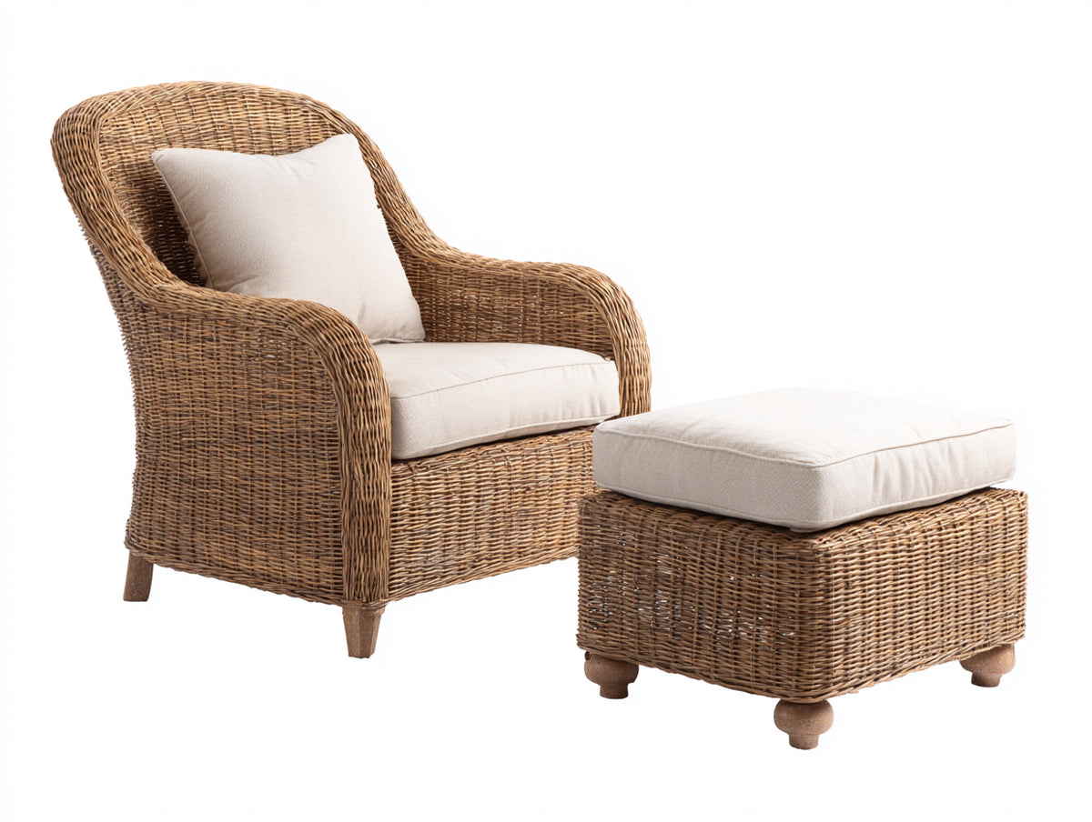 Sillones de ratán - sillón y reposapiés trenzados - marrón-beige - diseño clásico con respaldo alto