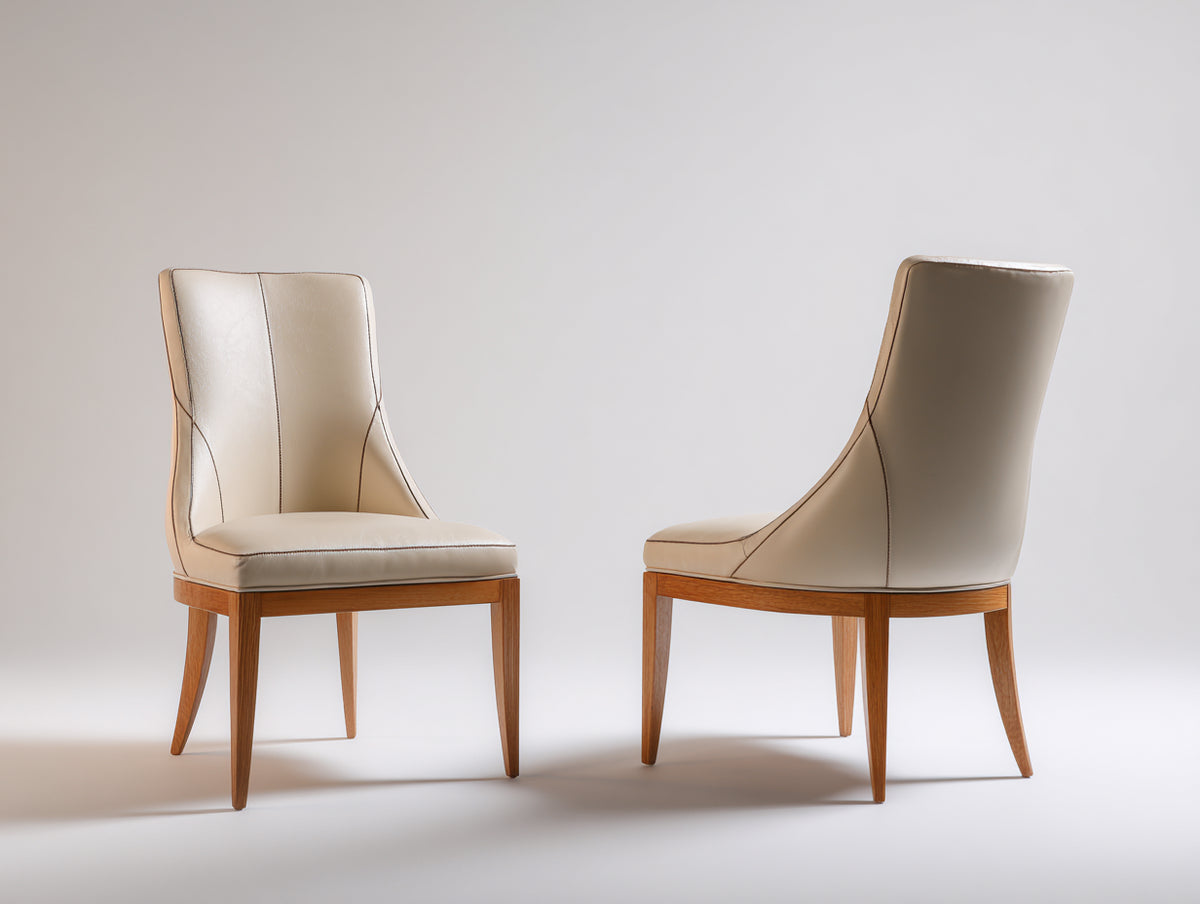 Sillas de comedor tapizadas en cuero 50x58x92 cm - Beige-Madera natural - Diseño moderno con respaldo alto