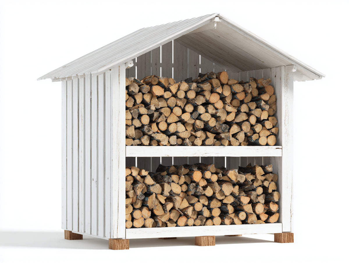Leñero de jardín de madera 160x80x185 cm - Blanco y madera natural - Techo a dos aguas y almacenamiento en 2 niveles