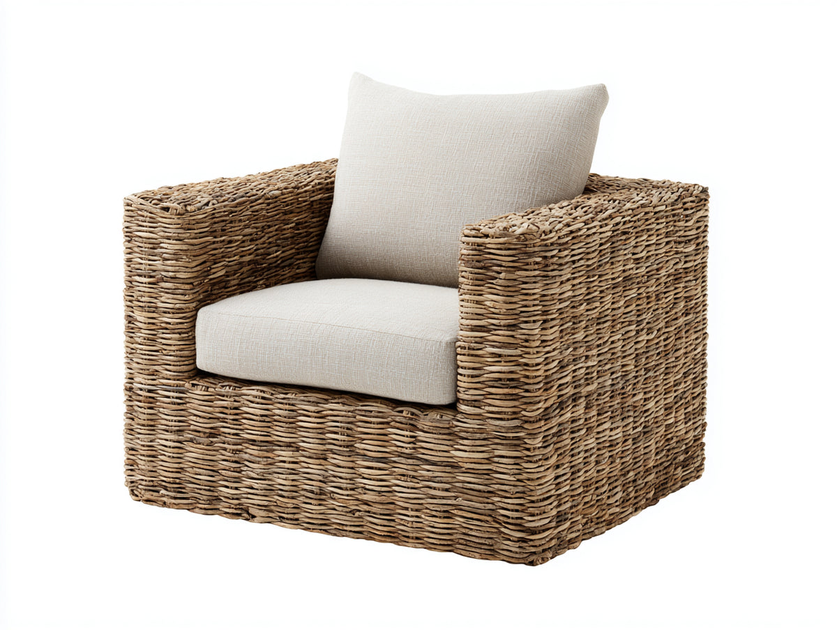 Sillón de ratán natural 88x85x79 cm - Marrón y beige claro - Asiento acolchado y diseño envolvente