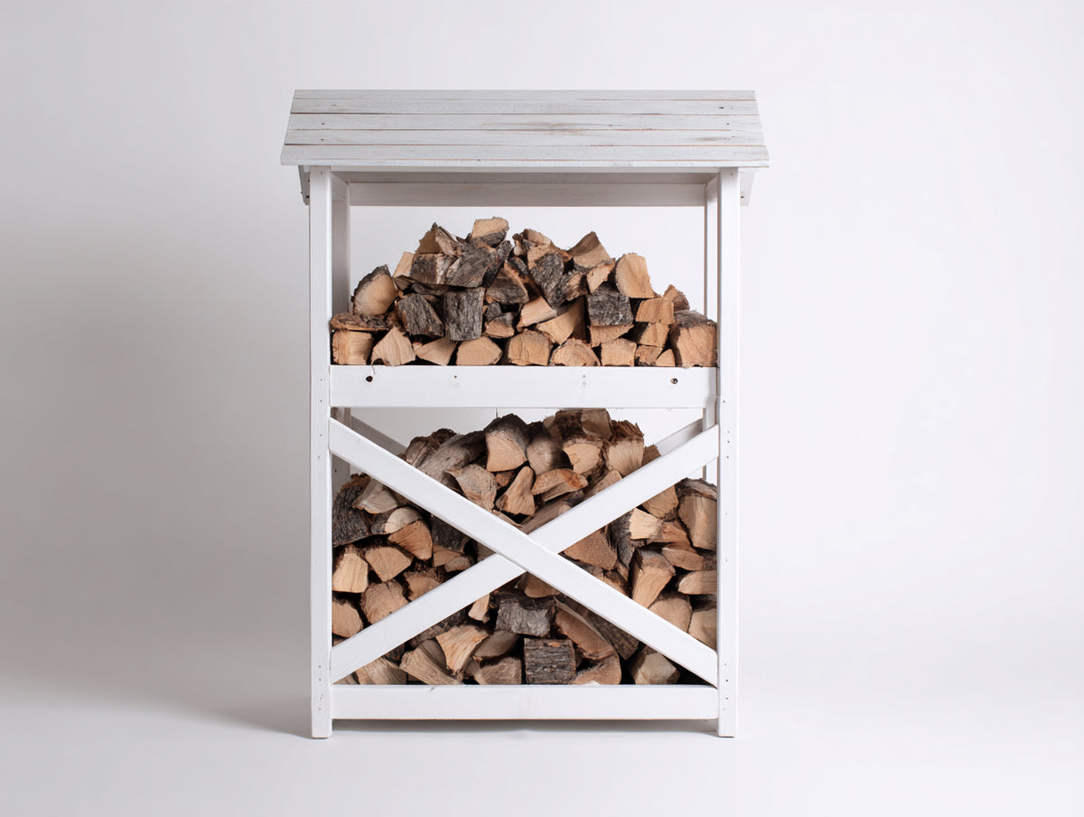 Leñero de jardín - estructura de madera 100 x 60 x 160 cm - blanco - diseño abierto con techo inclinado y 2 niveles