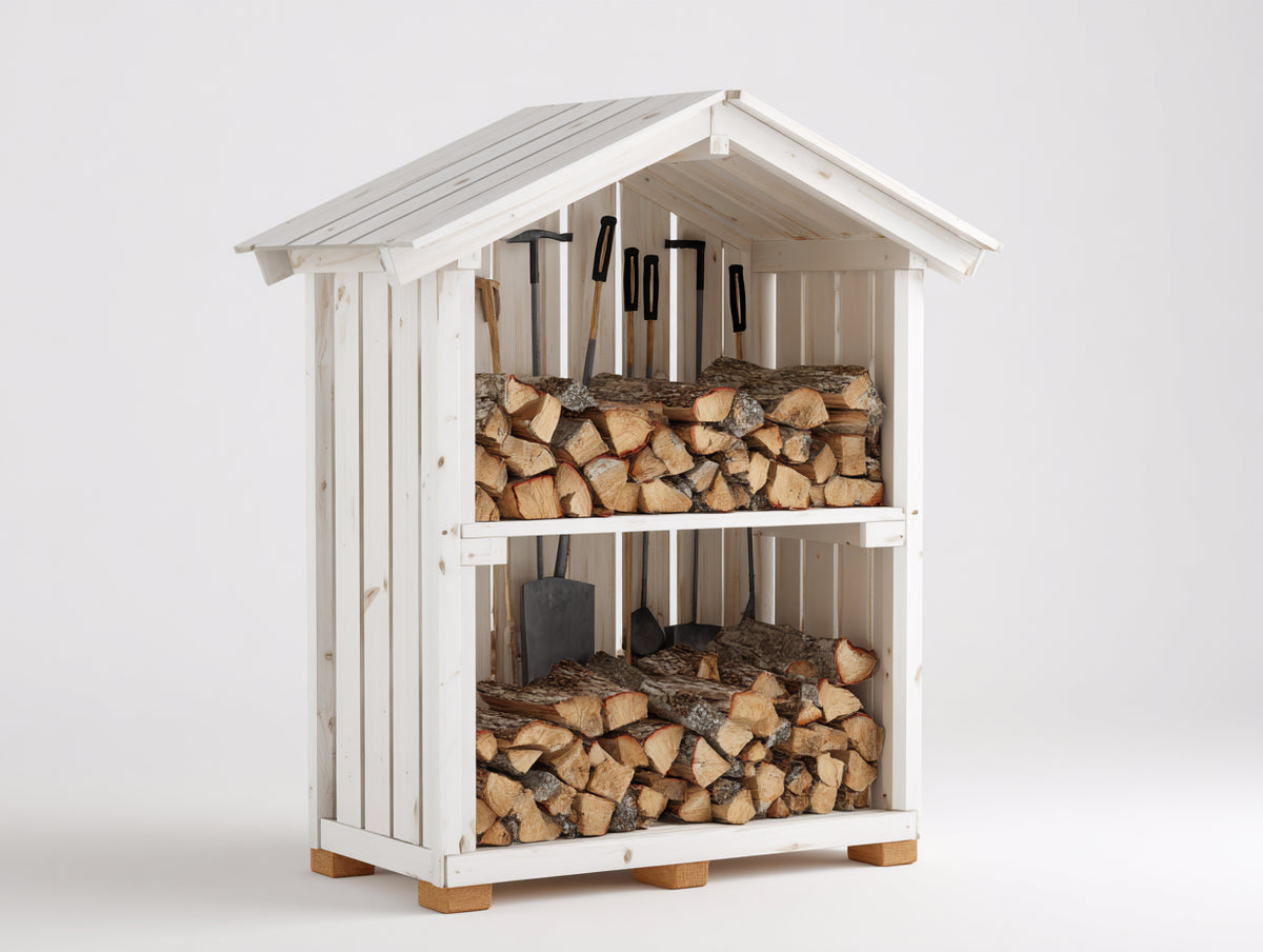 Leñero de jardín de madera 120x50x150 cm - blanco - almacenamiento de leña para exterior