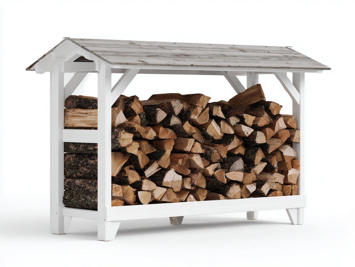 Leñero de jardín de madera 180x75x160 cm - blanco-gris - diseño rústico con cubierta a dos aguas para exterior