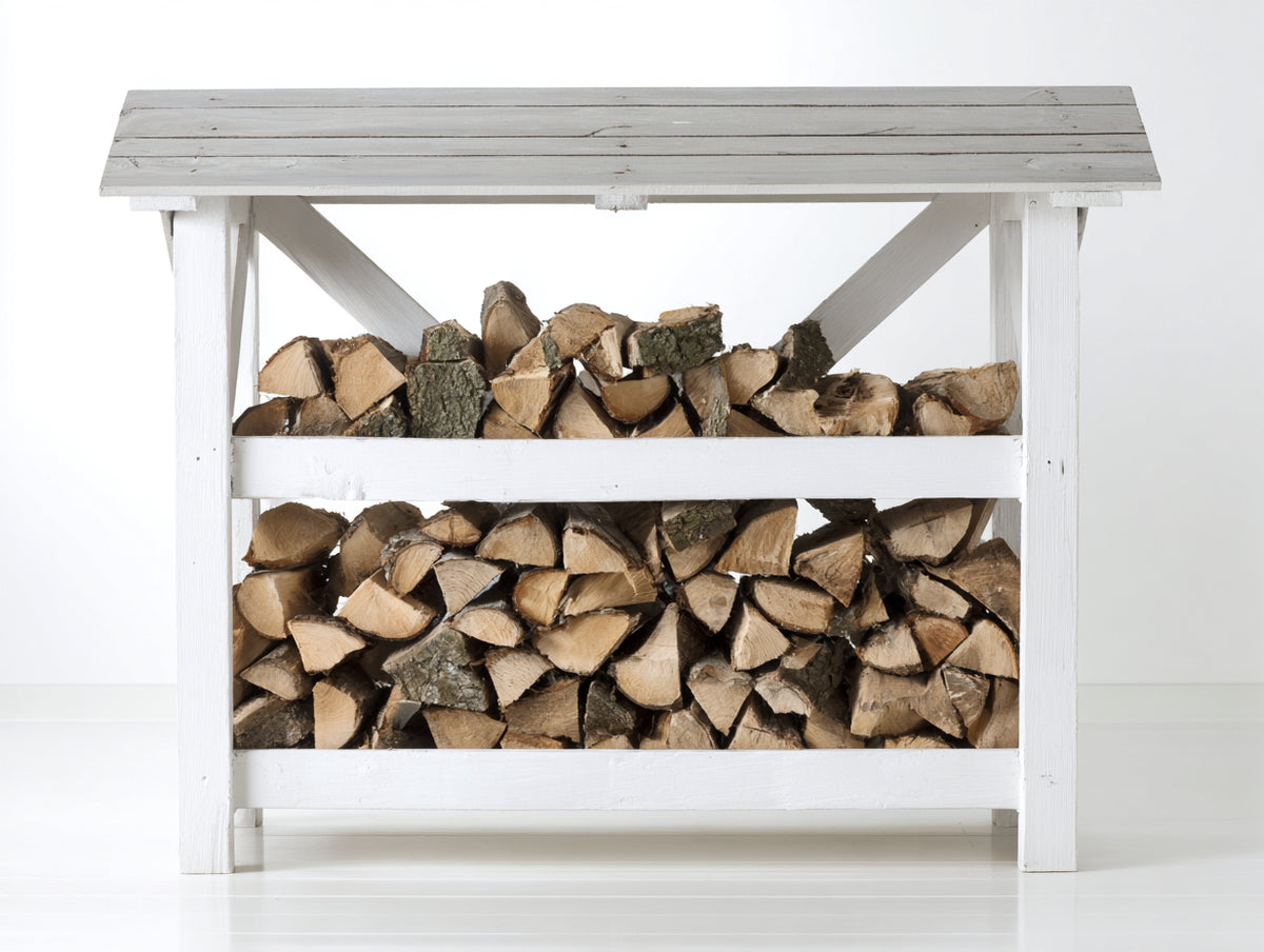 Leñero de jardín de madera 150x60x145 cm - blanco-gris - diseño rústico con cubierta inclinada y almacenamiento en 2 niveles para exterior